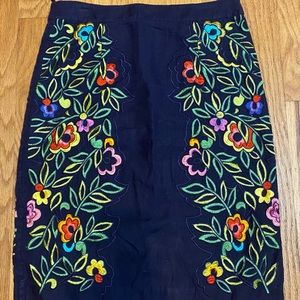 Anthropologie Navy Floral Embroidered Skirt